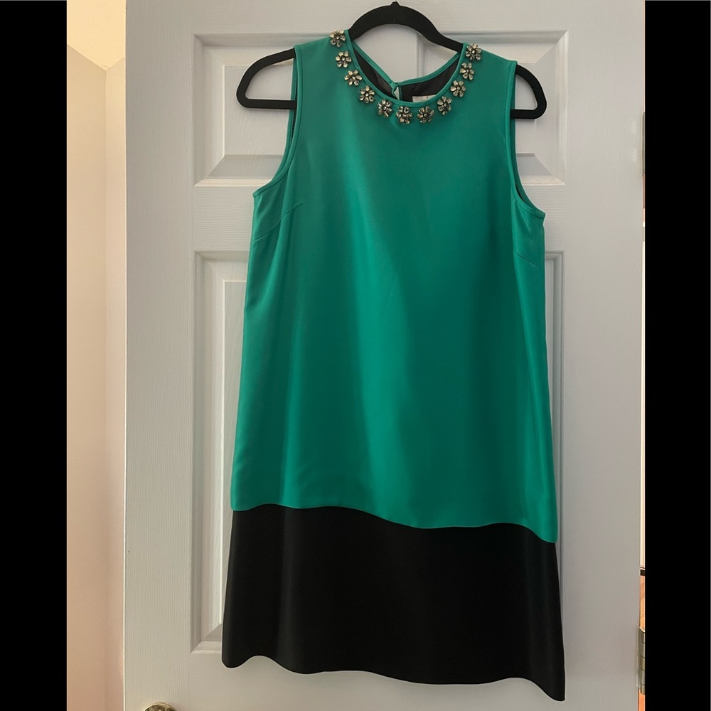 Green and black Kate Spade shift dress. Jeweled collar detail.